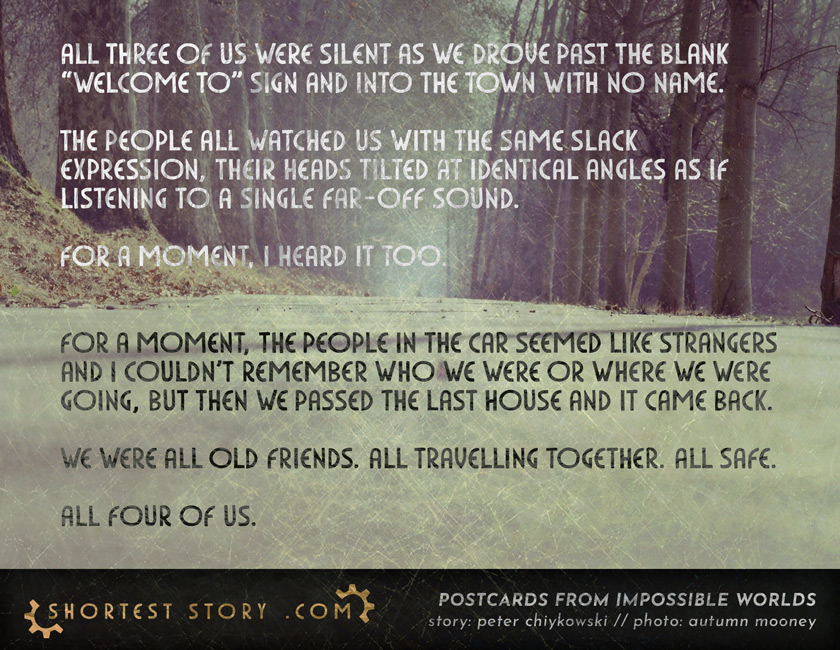 a short story about driving through an unnamed town full of strange people