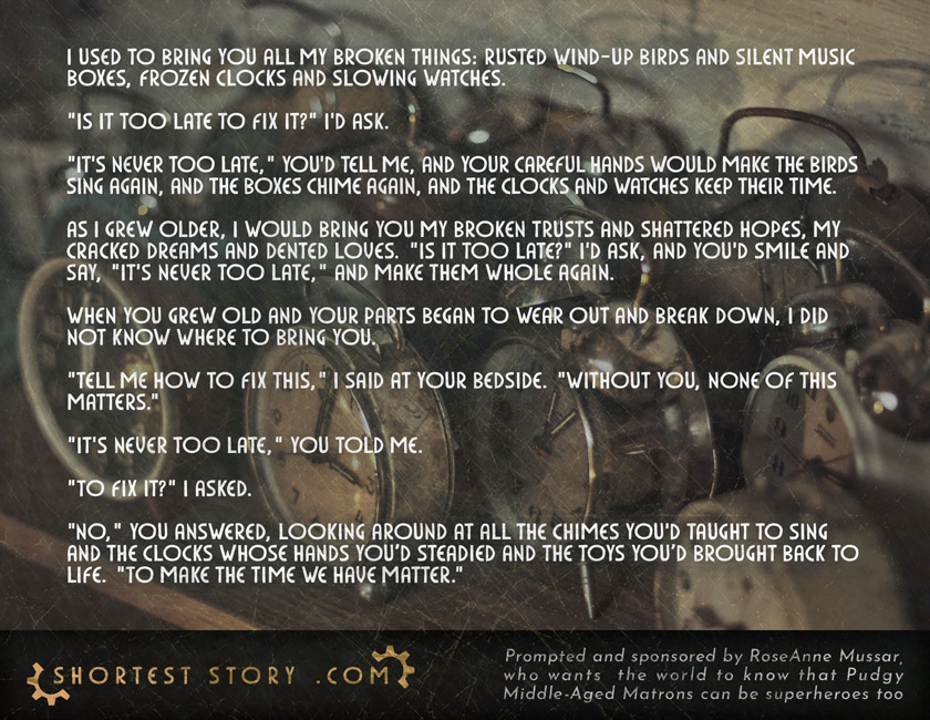 Never Too Late a postcard story prompted by RoseAnne Mussar