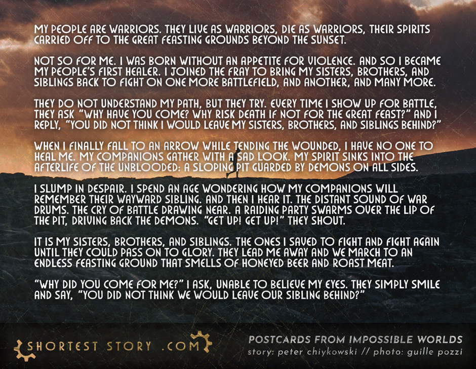 The First Healer a postcard story about a healer living in a land of warriors