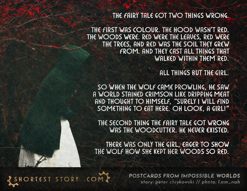 a story about about a girl and a wolf in the red, red woods