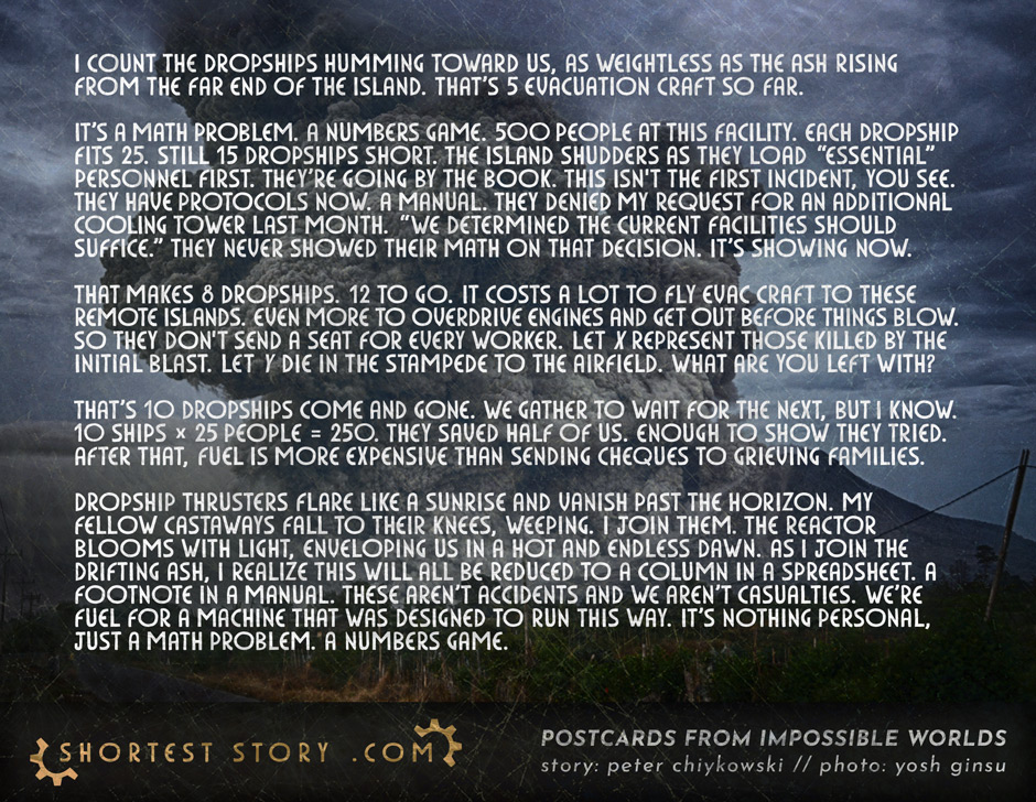 Numbers Game a short story about an island evacuation, a reactor gone nuclear, and a dropship numbers game