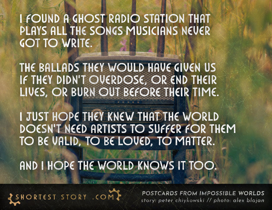 Ghost Radio (CW: drug use, suicide) a short story about a ghost radio that plays songs that were never composed
