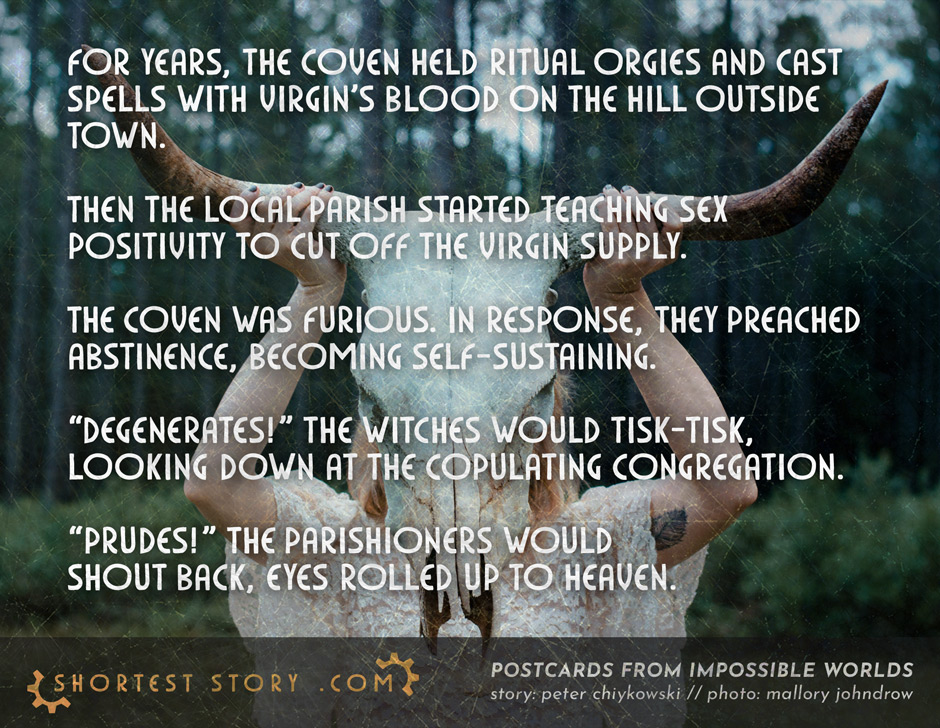 a postcard story about a coven, a congregation, and a negotiation over the virgin supply