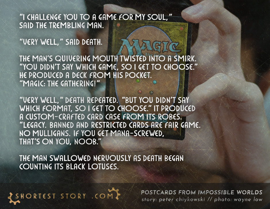 a postcard story about a man's magic card duel with death