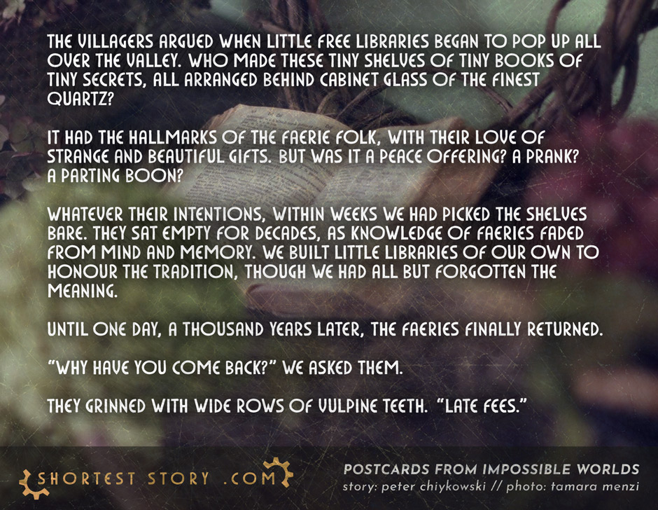 a postcard story about borrowed books and debts called in